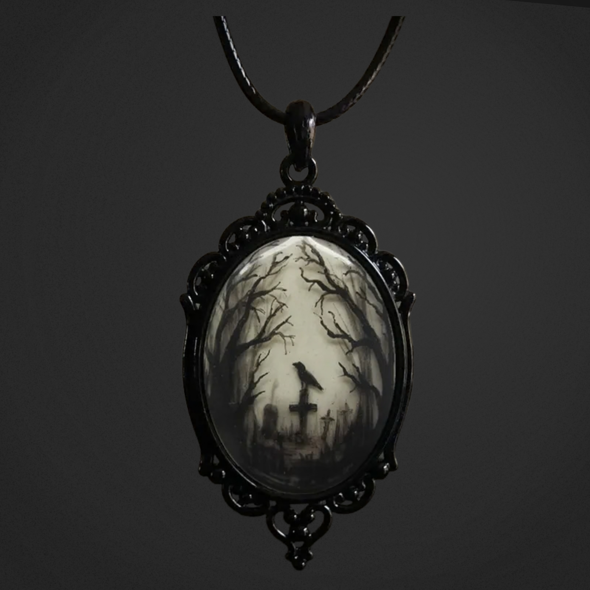 Pendant with a black and white illustration of a spooky scene on a dark background