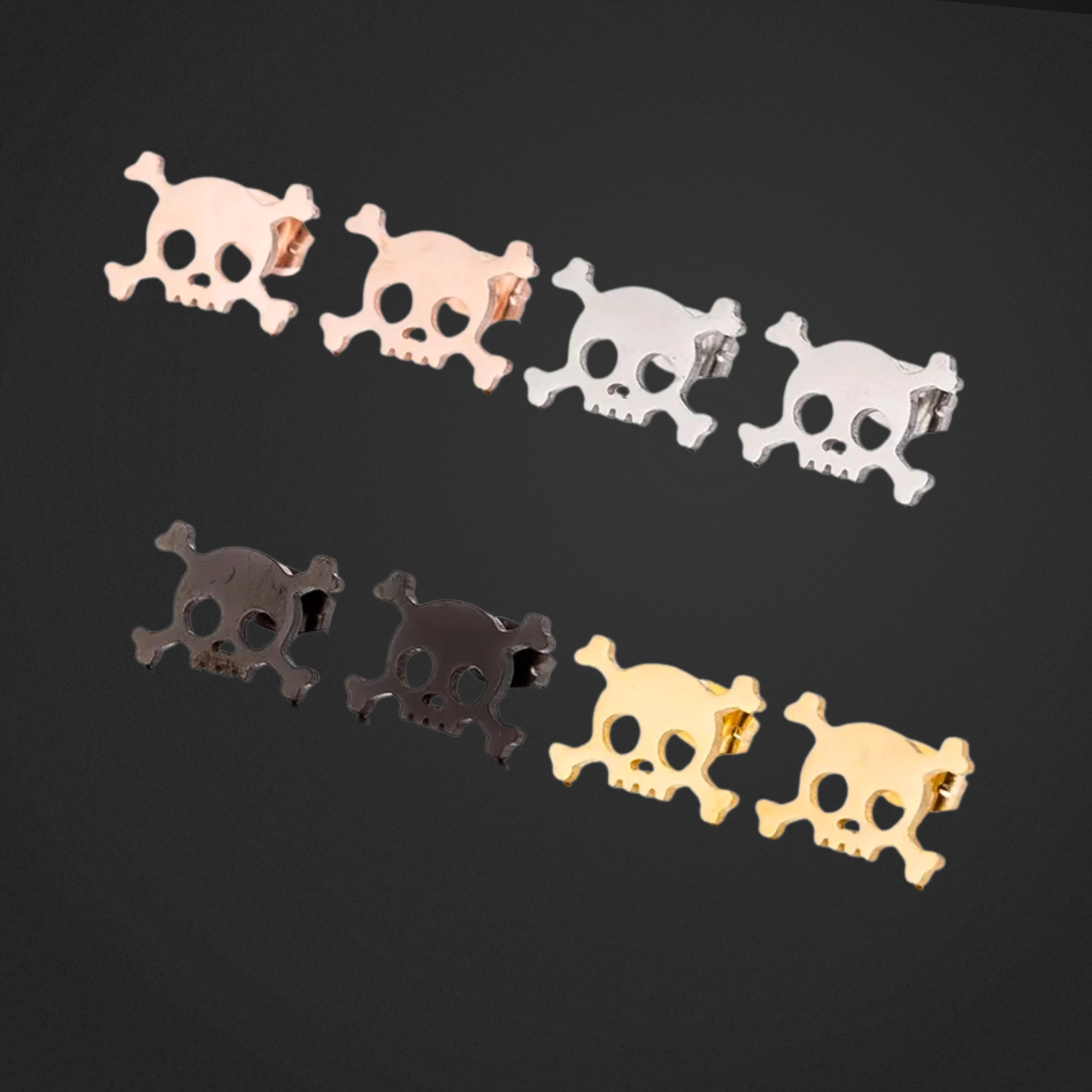 Set of skull-shaped earrings in various colors on a black background