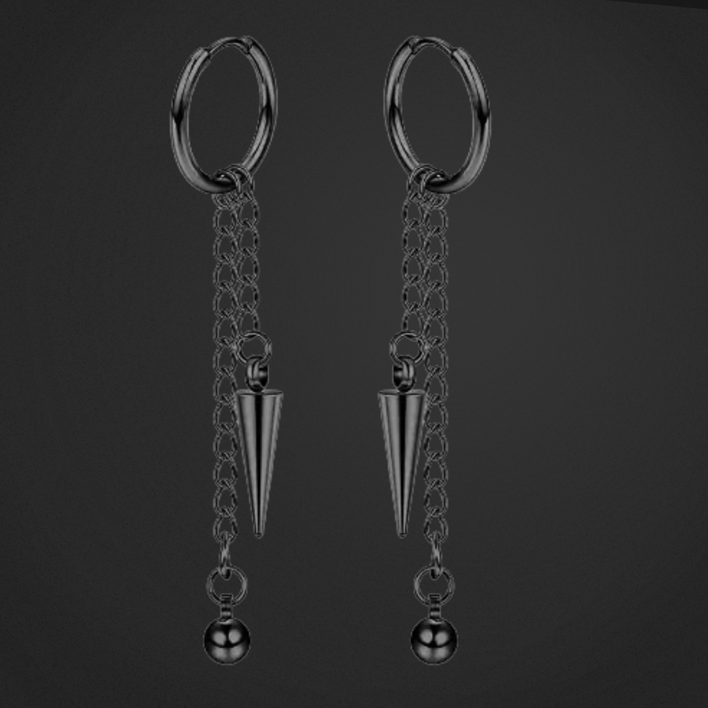 Pair of black hoop earrings with chain and cone-shaped pendant on a dark background