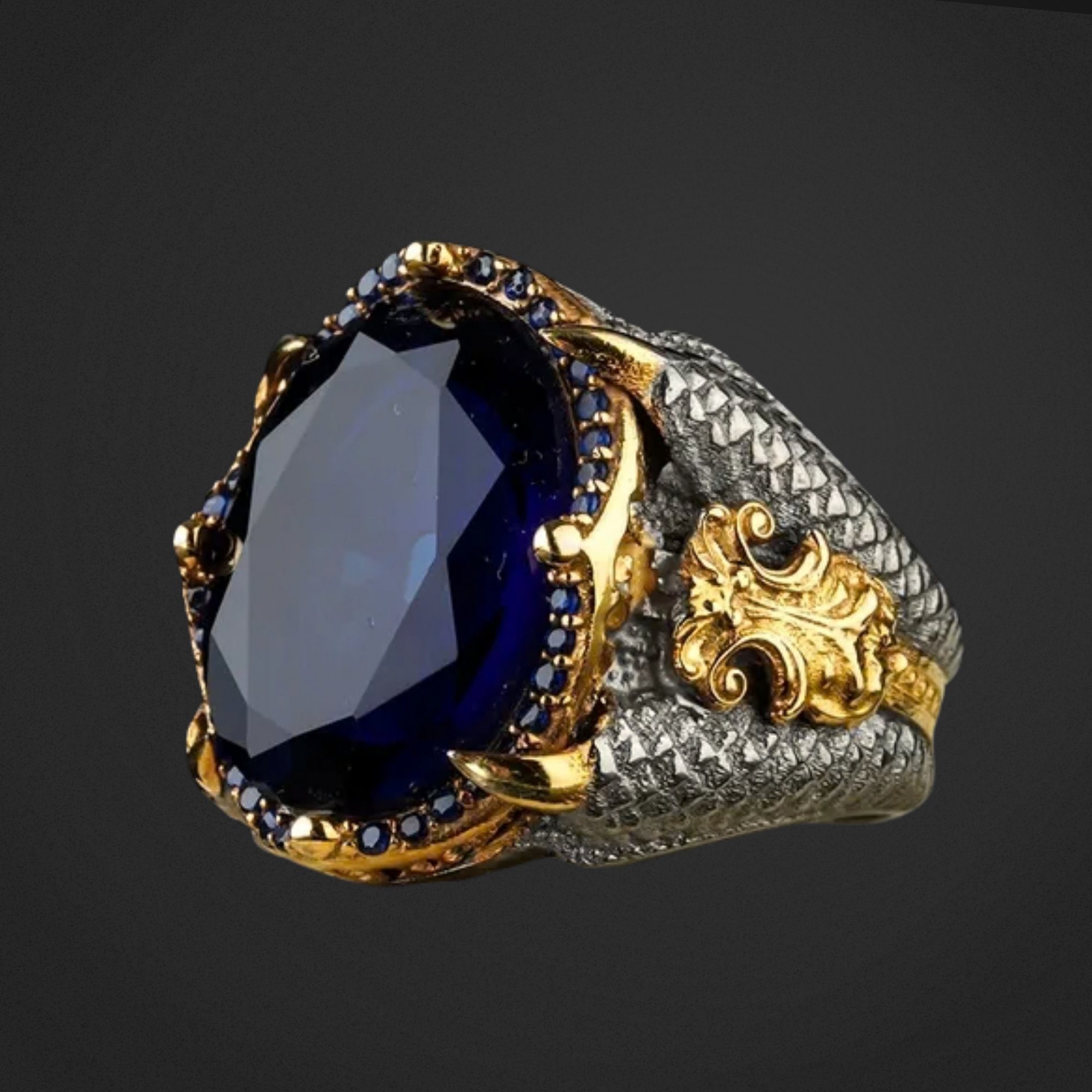 Gold and silver ring with a large blue gemstone on a black background