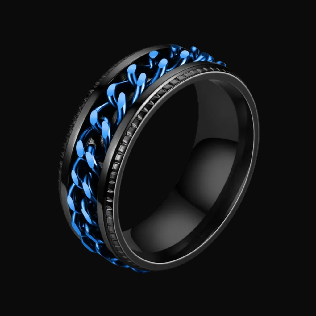 Black ring with blue chain design on a black background